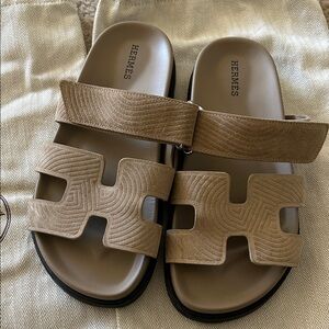 Hermes Suede Goatskin Chypre Sandals 37 Beige Sable